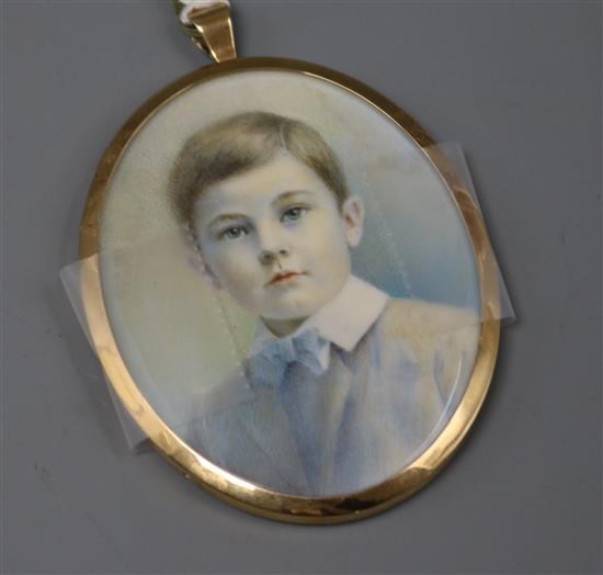 Victorian School, watercolour, head and shoulder miniature portrait of a young boy,